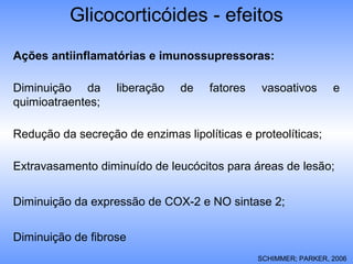 Glicocorticóides - efeitos
Ações antiinflamatórias e imunossupressoras:
Diminuição da liberação de fatores vasoativos e
quimioatraentes;
Redução da secreção de enzimas lipolíticas e proteolíticas;
Extravasamento diminuído de leucócitos para áreas de lesão;
Diminuição da expressão de COX-2 e NO sintase 2;
Diminuição de fibrose
SCHIMMER; PARKER, 2006
 
