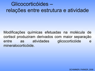 Glicocorticóides –
relações entre estrutura e atividade
Modificações químicas efetuadas na molécula de
cortisol produziram derivados com maior separação
entre as atividades glicocorticóide e
mineralocorticóide.
SCHIMMER; PARKER, 2006
 