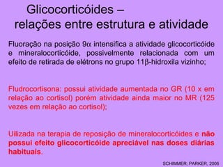 Glicocorticóides –
relações entre estrutura e atividade
Fluoração na posição 9α intensifica a atividade glicocorticóide
e mineralocorticóide, possivelmente relacionada com um
efeito de retirada de elétrons no grupo 11β-hidroxila vizinho;
Fludrocortisona: possui atividade aumentada no GR (10 x em
relação ao cortisol) porém atividade ainda maior no MR (125
vezes em relação ao cortisol);
Uilizada na terapia de reposição de mineralocorticóides e não
possui efeito glicocorticóide apreciável nas doses diárias
habituais.
SCHIMMER; PARKER, 2006
 