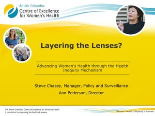 Layering the Lenses?
Advancing Women’s Health through the Health
Inequity Mechanism
Steve Chasey, Manager, Policy and Surveillance
Ann Pederson, Director
 