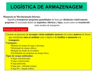 Manuseio ou Movimentação Interna:
Significa transportar pequenas quantidades de bens por distâncias relativamente
pequenas. É executada dentro de depósitos, fábricas e lojas, assim como no transbordo
entre modais de transporte.
Unitização de Cargas:
Consiste no processo de arranjar várias unidades menores em outras maiores de forma
que constituam uma só unidade com o objetivo de facilitar o manuseio e o
transporte.
Vantagens:
•Redução do tempo de carga e descarga;
•Otimização do espaço cúbico;
•Redução do tempo de inventário;
•Flexibilidade nas mudanças de arranjo físico.
Tipos de cargas unitizadas:
•Cargas conteinerizada;
•Cargas contetorizada;
•Carga paletizada;
•Carga auto - utilizada (cintas);
•Carga Pré - lingada (tubos).
LOGÍSTICA DE ARMAZENAGEM
 