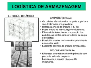 ESTOQUE DINÂMICO
CARACTERÍSTICAS:
• Os paletes são colocados na parte superior e
são deslocados por gravidade;
• Rotação perfeita do produto (PEPS);
• Polpa tempo na manipulação dos paletes;
• Elimina interferências na preparação dos
pedidos, ao contar com corredores de carga
e descarga;
• Possibilita manter um inventário permanente
e controlar saldo;
• Excelente controle do produto armazenado.
RECOMENDADO PARA:
• Empresas que trabalham com produtos com
prazo de validade pequena;
• Locais onde o espaço não seja tão
importante.
LOGÍSTICA DE ARMAZENAGEM
 