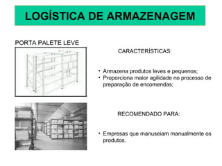 PORTA PALETE LEVE
CARACTERÍSTICAS:
• Armazena produtos leves e pequenos;
• Proporciona maior agilidade no processo de
preparação de encomendas;
RECOMENDADO PARA:
• Empresas que manuseiam manualmente os
produtos.
LOGÍSTICA DE ARMAZENAGEM
 