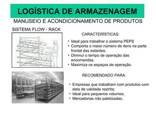 SISTEMA FLOW - RACK
CARACTERÍSTICAS:
• Ideal para trabalhar o sistema PEPS
• Comporta o maior número de itens na parte
frontal das estantes;
• Diminui o tempo de operação das
encomendas;
• Maximiza os espaços de operação.
RECOMENDADO PARA:
• Empresas que trabalham com produtos com
data de validade restrita;
• Ideal para pequenos volumes;
• Mercadorias não paletizadas.
MANUSEIO E ACONDICIONAMENTO DE PRODUTOS
LOGÍSTICA DE ARMAZENAGEM
 
