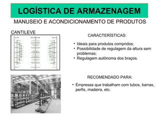 CANTILEVE
CARACTERÍSTICAS:
• Ideais para produtos compridos;
• Possibilidade de regulagem da altura sem
problemas;
• Regulagem autônoma dos braços.
RECOMENDADO PARA:
• Empresas que trabalham com tubos, barras,
perfis, madeira, etc.
MANUSEIO E ACONDICIONAMENTO DE PRODUTOS
LOGÍSTICA DE ARMAZENAGEM
 