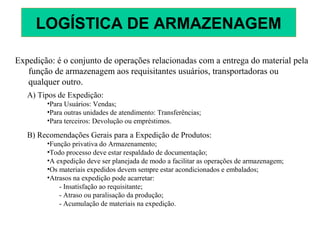 Expedição: é o conjunto de operações relacionadas com a entrega do material pela
função de armazenagem aos requisitantes usuários, transportadoras ou
qualquer outro.
A) Tipos de Expedição:
•Para Usuários: Vendas;
•Para outras unidades de atendimento: Transferências;
•Para terceiros: Devolução ou empréstimos.
B) Recomendações Gerais para a Expedição de Produtos:
•Função privativa do Armazenamento;
•Todo processo deve estar respaldado de documentação;
•A expedição deve ser planejada de modo a facilitar as operações de armazenagem;
•Os materiais expedidos devem sempre estar acondicionados e embalados;
•Atrasos na expedição pode acarretar:
- Insatisfação ao requisitante;
- Atraso ou paralisação da produção;
- Acumulação de materiais na expedição.
LOGÍSTICA DE ARMAZENAGEM
 