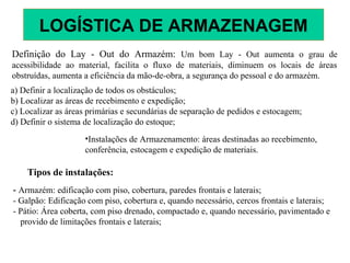 Definição do Lay - Out do Armazém: Um bom Lay - Out aumenta o grau de
acessibilidade ao material, facilita o fluxo de materiais, diminuem os locais de áreas
obstruídas, aumenta a eficiência da mão-de-obra, a segurança do pessoal e do armazém.
a) Definir a localização de todos os obstáculos;
b) Localizar as áreas de recebimento e expedição;
c) Localizar as áreas primárias e secundárias de separação de pedidos e estocagem;
d) Definir o sistema de localização do estoque;
•Instalações de Armazenamento: áreas destinadas ao recebimento,
conferência, estocagem e expedição de materiais.
Tipos de instalações:
- Armazém: edificação com piso, cobertura, paredes frontais e laterais;
- Galpão: Edificação com piso, cobertura e, quando necessário, cercos frontais e laterais;
- Pátio: Área coberta, com piso drenado, compactado e, quando necessário, pavimentado e
provido de limitações frontais e laterais;
LOGÍSTICA DE ARMAZENAGEM
 
