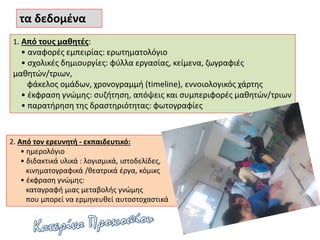 τα δεδομένα
1. Από τους μαθητές:
• αναφορές εμπειρίας: ερωτηματολόγιο
• σχολικές δημιουργίες: φύλλα εργασίας, κείμενα, ζωγραφιές
μαθητών/τριων,
φάκελος ομάδων, χρονογραμμή (timeline), εννοιολογικός χάρτης
• έκφραση γνώμης: συζήτηση, απόψεις και συμπεριφορές μαθητών/τριων
• παρατήρηση της δραστηριότητας: φωτογραφίες
2. Από τον ερευνητή - εκπαιδευτικό:
• ημερολόγιο
• διδακτικά υλικά : λογισμικά, ιστοδελίδες,
κινηματογραφικά /θεατρικά έργα, κόμικς
• έκφραση γνώμης:
καταγραφή μιας μεταβολής γνώμης
που μπορεί να ερμηνευθεί αυτοστοχαστικά
 