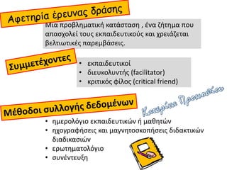 Μια προβληματική κατάσταση , ένα ζήτημα που
απασχολεί τους εκπαιδευτικούς και χρειάζεται
βελτιωτικές παρεμβάσεις.
• εκπαιδευτικοί
• διευκολυντής (facilitator)
• κριτικός φίλος (critical friend)
• ημερολόγιο εκπαιδευτικών ή μαθητών
• ηχογραφήσεις και μαγνητοσκοπήσεις διδακτικών
διαδικασιών
• ερωτηματολόγιο
• συνέντευξη
 