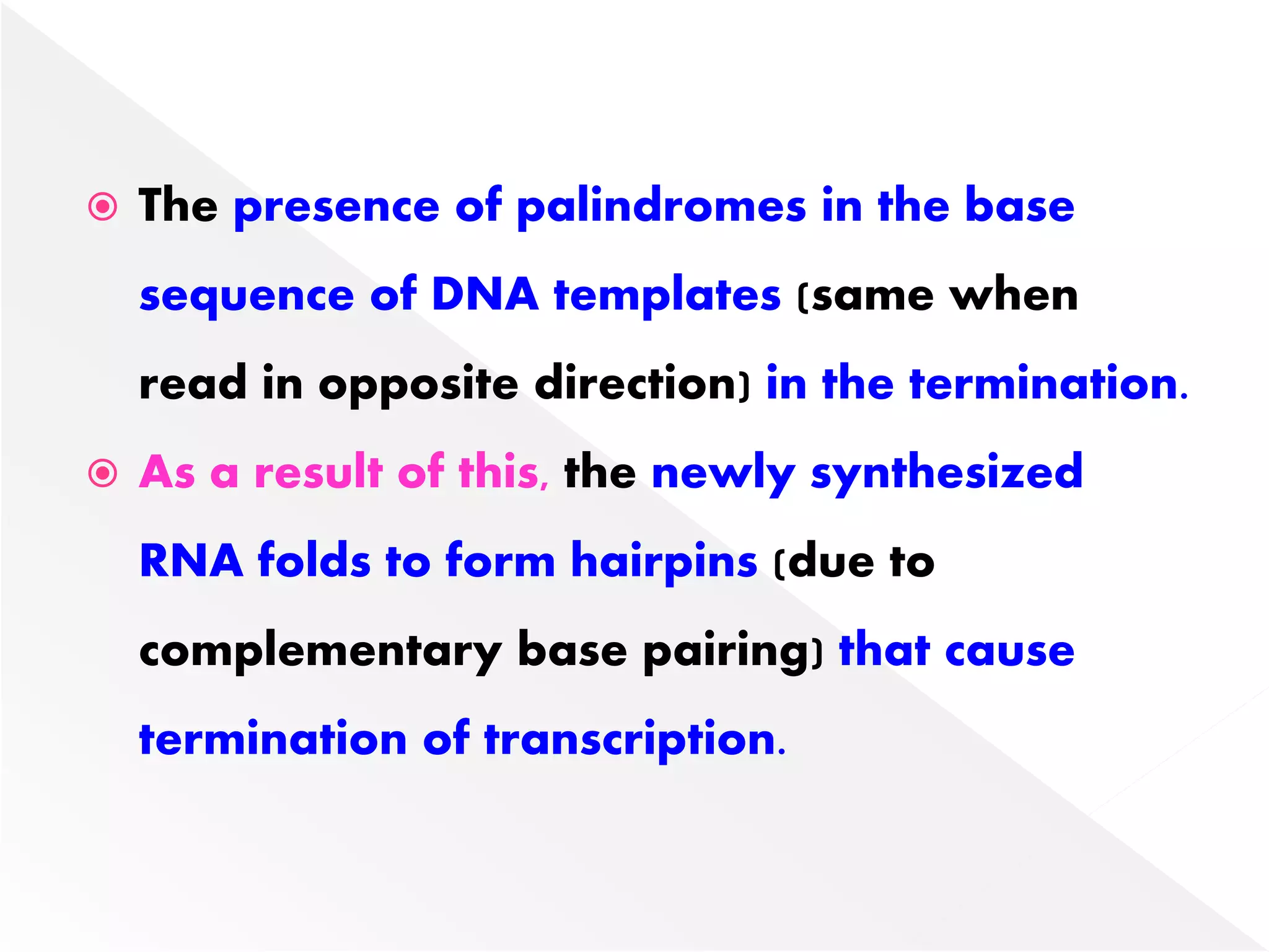  The presence of palindromes in the base
sequence of DNA templates (same when
read in opposite direction) in the termination.
 As a result of this, the newly synthesized
RNA folds to form hairpins (due to
complementary base pairing) that cause
termination of transcription.
 