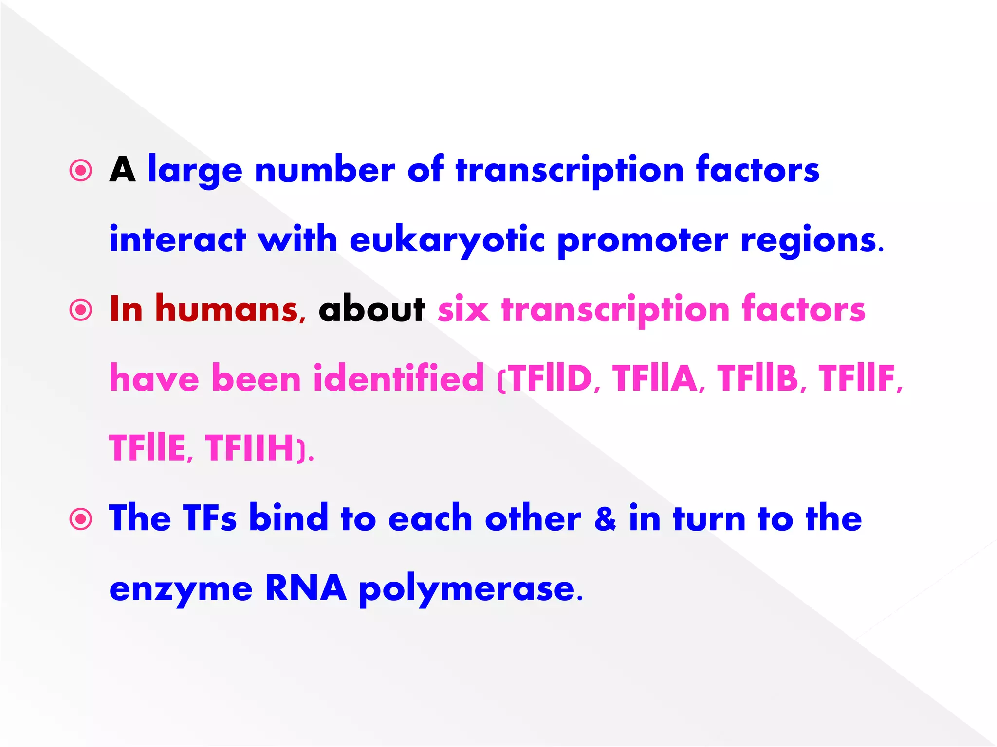  A large number of transcription factors
interact with eukaryotic promoter regions.
 In humans, about six transcription factors
have been identified (TFllD, TFllA, TFllB, TFllF,
TFllE, TFIIH).
 The TFs bind to each other & in turn to the
enzyme RNA polymerase.
 