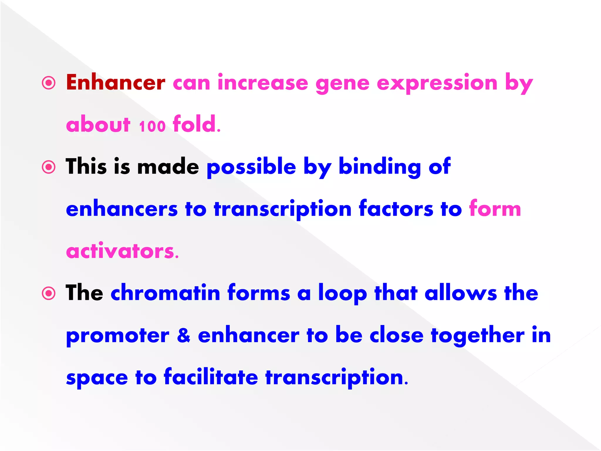  Enhancer can increase gene expression by
about 100 fold.
 This is made possible by binding of
enhancers to transcription factors to form
activators.
 The chromatin forms a loop that allows the
promoter & enhancer to be close together in
space to facilitate transcription.
 