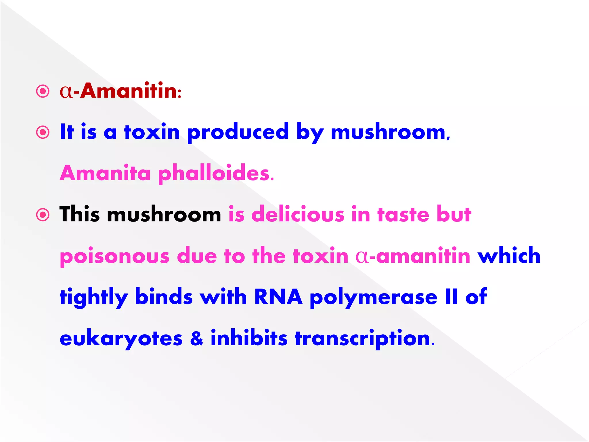  α-Amanitin:
 It is a toxin produced by mushroom,
Amanita phalloides.
 This mushroom is delicious in taste but
poisonous due to the toxin α-amanitin which
tightly binds with RNA polymerase II of
eukaryotes & inhibits transcription.
 
