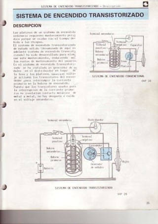 SISTTMADt tNCtNDlD0 TRANSIST0RIZADO- Dl :i.rrpr:rrrrl
¿ :r5rr-r'r^Dl lff NDID0flrNvtNflf)NAl.
0HP 28
t
B-rj,!
SISTEMADEENCENDIDOTRANSISTOR¡ZADO
DESCRIPCION
Los plalrnos de urr srst-ema de errce¡rdLdo
uiJ,¡dr ru ri q r¡'r, nb I 14 rrl r' r l
d-tco p(iIqu{r se uxlda¡r co¡r el t rempo .je-
b1d0 a las chtspas.
Et sistema de errcerrdl.dot.rarisLst(rfrzadr)
d. rrbd,, .ut,o, r,.unr,r,d.iu ., .q-. ,
adela¡rte sLSter¡a de errcti'rdrdo ifarrliLstrl
rrzado) ha srdo desarrollado parr elrm-l
nar este manterlrmtcrlto
'
reduc Lcndo asl
los cu:;tt¡s tl. marrterrr.mr'r¡rtodrl tr¡JUair').
Irr el sr.rtema dc errcerrdrdo lrarrsrsiol.r-
zado sc ha rrsl alad(i trri lel .ra.lor (i{ s{l
ndle. n I I J.s'r'FUrdur ", .Lu l
la levu y los plat
'no!r.
i;oreraurr vullir-
je 3!rl.ivrn.l) lolr lrarrrrrsttrr( rt cl('l r'r(:rrr-
dedor' ,para rrtcIf(rmPrI l¡ cofrr¡ rrl¡
pfrmarra .rrr ltr b(rb1'rtr(lo ('rrc{rrr(lrrl(i.
PLreslo quu lorr I farirtLsl(rf(rli Lr.'irrii{)rrI)rlrrr
la rrrterfup( rdr d(r li, ,r,)r'fr{1rl(' rrr rr¡
fra rr) rrrvolrtcra¡t (:rJ¡rlri.l() m{r(irrrlr'rr (l''
met.al a m(ital ,
'r1)
ht)y (ler;(1¡r:rt¡r(i ( rri(lrr
en e1 vol l irJ{) rrcul|d¡|'o.
Tr'r rHl srf]Lrdar |l )
T'rrnLrl,] i ltIlq3trvu r¡!u 1r!l
tLbrru
1|rmllrrl rrr(1rffrf Ir
&Í'f¿
D<K) t i ' '
&¡r, , llN<Vd:lll ' nl
Sl!lll'1A Dl lll1lDIDU lllAN
'lslrrRI/ADu
0ltf 2rl
35
 