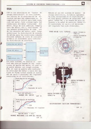 SISII¡14 Df TNCI-NDIDOIRANSISTIIRIZADT]- I]5A
ESA
ESA es uf|a abrevracllrf| de
chrspa eleci rrjn l co" . fn esi e s Lsloma,
los valofes de la drstribu.idn de err-
cendrdo dpt rmos sorr almacerradL¡sen l¡
computadL'fa d¿ c¡rrtrol pala cada condl
' rd¡ a. l muluJ. L5r" -,
l.nir ..pr , ld.
co¡rdrc1¡r'resdel motof (velocidad dol
motor, flujo dE arfe admilrdo, t.-.mpera
tu¡a del moLof, elc.), esli basado en
Ias seña1es prove¡rrenle¡r de¡]ada
de los sensore¡i del motof, p¿ra lrreq(r
seleccrorrar la dislrrbucrdrr d€ e¡rrendr
du upl ,md nbr ,1. ,"
"', ',,'',""','..,.env-tando señales de corlr dr co¡r'reirlrl
prrmarra al e|celdedol pafa (:oolr'o1ar
la d rst r rbucrdn d(.]e'rc€'rdrdlr.
Debrdo al uso del srsioma de ava'rcc d¡¡
chrspa slectf¡n1c¡r, ]a boblra capladora
ha srdo rn.rrrpi)rada.1r -.1 djstfrburdof ,
e1 cual gerrefa scñales de velocrdad dFl
mr,¡tr,¡r'(señal Ne) y utr árrquJo de grfo,'e-
fsrente a Ia señJl dc pr,¡sr¡:¡titr(señal fl).
t.l conlfirl.rdor dc vac ir,r y eI m.r.anrsmi)
del requladrrr han srdo €lrr¡inad{rs.
PARA4A-cf- ( tFI TlPO-D) fiI] v ril,,|llüt/t:r
)
Uon esie srst{rm'r, sc real rz¡ !rl
trol m¿lsprr:(:¡srr basado en las ¡ro||¡tr
c:rones de marl)hr d(,1 motor, oJ r:rral rr0
se pr)dri oble'nr cort r)urq()r:rr:il(imii
fSA, el cual so pr-rdlia s(jli).,J¡rtr'olar
1a veloc'dad dol mot.or y va(:io.kil mrjl
t.rple efr forma lrneal o$a (llr
dur d, !¿, rr u
-.,rr,,.r.i,,.
l-l .,J,rl.r.l i
conritfuidr) en el drstfrb!r(lot .
t Drslf rti¡-rrdr(! i,rrflrlr.lr
r.hal
AvarL¿a(ü'Ltrv.{rr )
V.{rir)del Inilt+kr -
AVANCEDfL VACI0
oHP l5
.<.t
¿
!
E
ó
t
Í
*
e
I]IBIM
:lñrt{s
TT]
CAPTAIÍNAD
t{BIM
9ÑAr
IA'lA]lr1Alr.
DISI RIBUIDOR( SECCIONTRANSVIRSAL)
Rprncb] rÍrtof - Alt¡
AVANCEIIIDIANTI I.AS RPI{ Di.I I'IOTOR
I:4P J'
V.l rr rd¡d del mui.!)
OHPJ5
43
 