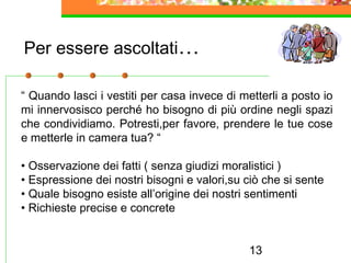 13
Per essere ascoltati…
“ Quando lasci i vestiti per casa invece di metterli a posto io
mi innervosisco perché ho bisogno di più ordine negli spazi
che condividiamo. Potresti,per favore, prendere le tue cose
e metterle in camera tua? “
• Osservazione dei fatti ( senza giudizi moralistici )
• Espressione dei nostri bisogni e valori,su ciò che si sente
• Quale bisogno esiste all’origine dei nostri sentimenti
• Richieste precise e concrete
 
