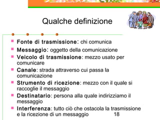 18
Qualche definizione
 Fonte di trasmissione: chi comunica
 Messaggio: oggetto della comunicazione
 Veicolo di trasmissione: mezzo usato per
comunicare
 Canale: strada attraverso cui passa la
comunicazione
 Strumento di ricezione: mezzo con il quale si
raccoglie il messaggio
 Destinatario: persona alla quale indirizziamo il
messaggio
 Interferenza: tutto ciò che ostacola la trasmissione
e la ricezione di un messaggio
 