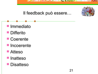 21
Il feedback può essere…
 Immediato
 Differito
 Coerente
 Incoerente
 Atteso
 Inatteso
 Disatteso
 