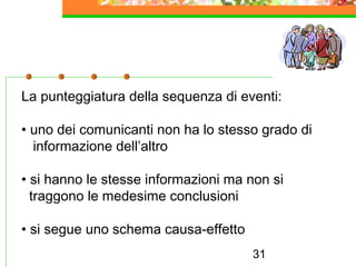 31
La punteggiatura della sequenza di eventi:
• uno dei comunicanti non ha lo stesso grado di
informazione dell’altro
• si hanno le stesse informazioni ma non si
traggono le medesime conclusioni
• si segue uno schema causa-effetto
 
