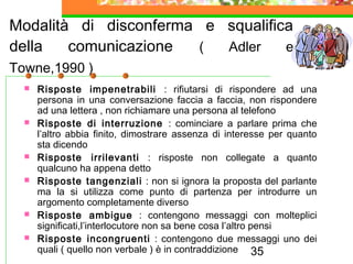 35
Modalità di disconferma e squalifica
della comunicazione ( Adler e
Towne,1990 )
 Risposte impenetrabili : rifiutarsi di rispondere ad una
persona in una conversazione faccia a faccia, non rispondere
ad una lettera , non richiamare una persona al telefono
 Risposte di interruzione : cominciare a parlare prima che
l’altro abbia finito, dimostrare assenza di interesse per quanto
sta dicendo
 Risposte irrilevanti : risposte non collegate a quanto
qualcuno ha appena detto
 Risposte tangenziali : non si ignora la proposta del parlante
ma la si utilizza come punto di partenza per introdurre un
argomento completamente diverso
 Risposte ambigue : contengono messaggi con molteplici
significati,l’interlocutore non sa bene cosa l’altro pensi
 Risposte incongruenti : contengono due messaggi uno dei
quali ( quello non verbale ) è in contraddizione
 