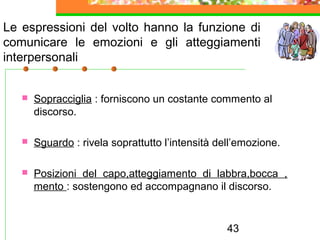 43
Le espressioni del volto hanno la funzione di
comunicare le emozioni e gli atteggiamenti
interpersonali
 Sopracciglia : forniscono un costante commento al
discorso.
 Sguardo : rivela soprattutto l’intensità dell’emozione.
 Posizioni del capo,atteggiamento di labbra,bocca ,
mento : sostengono ed accompagnano il discorso.
 