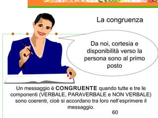 60
La congruenza
Un messaggio è CONGRUENTE quando tutte e tre le
componenti (VERBALE, PARAVERBALE e NON VERBALE)
sono coerenti, cioè si accordano tra loro nell’esprimere il
messaggio.
Da noi, cortesia e
disponibilità verso la
persona sono al primo
posto
 