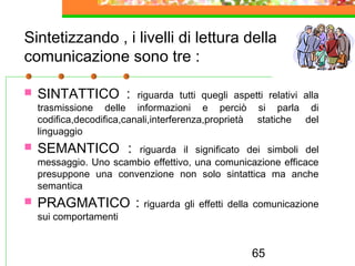 65
Sintetizzando , i livelli di lettura della
comunicazione sono tre :
 SINTATTICO : riguarda tutti quegli aspetti relativi alla
trasmissione delle informazioni e perciò si parla di
codifica,decodifica,canali,interferenza,proprietà statiche del
linguaggio
 SEMANTICO : riguarda il significato dei simboli del
messaggio. Uno scambio effettivo, una comunicazione efficace
presuppone una convenzione non solo sintattica ma anche
semantica
 PRAGMATICO : riguarda gli effetti della comunicazione
sui comportamenti
 