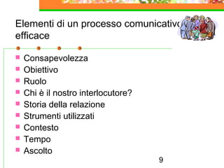 9
Elementi di un processo comunicativo
efficace
 Consapevolezza
 Obiettivo
 Ruolo
 Chi è il nostro interlocutore?
 Storia della relazione
 Strumenti utilizzati
 Contesto
 Tempo
 Ascolto
 