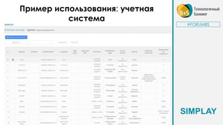 Пример использования: учетная
система
#FORUMBS
SIMPLAY
 