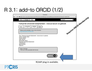 R 3.1: add-to ORCID (1/2)
RCAAP plug‐in available.
 
