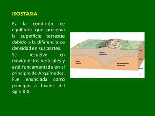 ISOSTASIA
Es la condición de
equilibrio que presenta
la superficie terrestre
debido a la diferencia de
densidad en sus partes.
Se resuelve en
movimientos verticales y
está fundamentada en el
principio de Arquímedes.
Fue enunciada como
principio a finales del
siglo XIX.
 