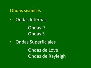 Ondas sísmicas
• Ondas Internas
Ondas P
Ondas S
• Ondas Superficiales
Ondas de Love
Ondas de Rayleigh
 