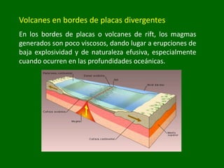 Volcanes en bordes de placas divergentes
En los bordes de placas o volcanes de rift, los magmas
generados son poco viscosos, dando lugar a erupciones de
baja explosividad y de naturaleza efusiva, especialmente
cuando ocurren en las profundidades oceánicas.
 