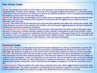 Non-Verbal Codes
Setting: The setting of the trailer is mainly indoors, with characters conversing in their homes about who is the
suspected killer. In relation to the dialogue, “You never know what goes on behind closed doors”, it connotes that the
conversations that the characters are having are in private and ‘behind closed doors’ as it is scandalous and something
the audience would expect from the soap-opera genre.
Lighting: The lighting is dark and dystopian, even in bright rooms, to represent the effect of a dark deed that has been
done. It also represents the emotions of the characters as they deal with the tragedy of Lucy’s death as they are
distraught, upset and angry.
Costumes: The outfits worn by the characters are casual and those typically associated with working class people. One
of the characters are shown to be wearing a formal blazer, shirt and trousers suggesting that he may have escaped the
working class stereotype associated to this genre.
Facial expressions and characters: The focus of the character’s facial expression are shown to be of distraught, anger
and worry. In one scene, a female character questions a male character’s whereabouts to which she presents a facial
expression of doubt. This connotes an implication that the male character is hiding something from his interrogator and
the audience. This is an example of a ‘strong, dominant female’ (Rebecca Feasey – 2007) as the female character takes
charge questioning the whereabouts of a male character, role-reversing the stereotype.
Technical Codes
Camera angles: The use of a high angle at the end of the trailer looking down on the cast of Eastenders connotes that
they are all vulnerable to the audience in that any one of them could potentially be the killer. In conjunction to this
high angle, the characters all glance up to the camera which connotes their appeal for innocence or even an apology.
Shot types: The technical code of the use of close up shots of the character’s faces allows the audience to focus on
their expressions and what their implied meanings are. This allows the audience to early identify who may possibly be
suspects to the investigation, further including them into the narrative. The use of medium close up shots provides the
setting of where the characters are which collectively is in isolation by themselves. This connotes the impact of Lucy’s
death on that character emotionally, which is anchored by the diegetic monologue of “it’s like we never knew her at
all”.
Camera movement: There is evidence of a zoom onto a character’s face, Max, which suggests that he may be the main
suspect of the murder. This camera movement is accompanied by the character’s expression of worry or concern which
further presents him in guilt and could be the enigma clue (Roland Barthes) the audience crave to see.
 