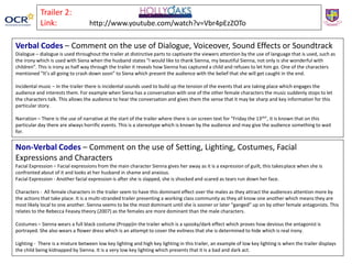 Verbal Codes – Comment on the use of Dialogue, Voiceover, Sound Effects or Soundtrack
Dialogue – dialogue is used throughout the trailer at distinctive parts to captivate the viewers attention by the use of language that is used, such as
the irony which is used with Siena when the husband states “I would like to thank Sienna, my beautiful Sienna, not only is she wonderful with
children”. This is irony as half way through the trailer it reveals how Sienna has captured a child and refuses to let him go. One of the characters
mentioned “It’s all going to crash down soon” to Siena which present the audience with the belief that she will get caught in the end.
Incidental music – In the trailer there is incidental sounds used to build up the tension of the events that are taking place which engages the
audience and interests them. For example when Siena has a conversation with one of the other female characters the music suddenly stops to let
the characters talk. This allows the audience to hear the conversation and gives them the sense that it may be sharp and key information for this
particular story.
Narration – There is the use of narrative at the start of the trailer where there is on screen text for “Friday the 13th”, it is known that on this
particular day there are always horrific events. This is a stereotype which is known by the audience and may give the audience something to wait
for.
Non-Verbal Codes – Comment on the use of Setting, Lighting, Costumes, Facial
Expressions and Characters
Facial Expression – Facial expressions from the main character Sienna gives her away as it is a expression of guilt, this takesplace when she is
confronted about of it and looks at her husband in shame and anxious.
Facial Expression - Another facial expression is after she is slapped, she is shocked and scared as tears run down her face.
Characters - All female characters in the trailer seem to have this dominant effect over the males as they attract the audiences attention more by
the actions that take place. It is a multi-stranded trailer presenting a working class community as they all know one another which means they are
most likely local to one another. Sienna seems to be the most dominant until she is sooner or later “ganged” up on by other female antagonists. This
relates to the Rebecca Feasey theory (2007) as the females are more dominant than the male characters.
Costumes – Sienna wears a full black costume (Propp)in the trailer which is a spooky/dark effect which proves how devious the antagonist is
portrayed. She also wears a flower dress which is an attempt to cover the evilness that she is determined to hide which is real irony.
Lighting - There is a mixture between low key lighting and high key lighting in this trailer, an example of low key lighting is when the trailer displays
the child being kidnapped by Sienna. It is a very low key lighting which presents that it is a bad and dark act.
Trailer 2:
Link: http://www.youtube.com/watch?v=Vbr4pEzZOTo
 