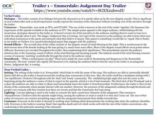 Trailer 1 – Emmerdale: Judgement Day Trailer
https://www.youtube.com/watch?v=SGXX2ubwoIU
Verbal Codes
Dialogue – The trailer consists of no dialogue between the characters as it is mainly taken up by the non-diegetic sounds. This is significant
as non-verbal codes such as facial expressions usually express the emotions of the characters without revealing a lot of the narrative through
the trailer.
Voiceover – “Emmerdale, next week on ITV1 and ITV1HD.” The use of this voiceover at the end of the trailer ‘signifies’ (De Saussure) the
importance of the episode available to the audience on ITV. The simple syntax appeals to the target audience, whilst linkingwith the
mysterious, dystopian element to the trailer as it doesn’t reveal a lot of the narrative to the audience enabling them to want to tune in to
watch the episode when it airs. The slogan ‘Judgement Day is Coming’, isn’t part of the voiceover so the audience are able todraw their own
individual conclusions to the quote and interpret what they believe it means. This aspect is something I would like to ‘repeat’ (Steve Neale)
in my trailer as I believe it is a good technological aspect that engages with the audience.
Sound Effects – The seventh shot of the trailer consists of the diegetic sound of winds blowing in the night. This is synchronous to the
shot reverse shot of the female looking at the man giving it a much more scary effect. Most of the diegetic sound effects areat points where
different characters are revealed throughout the trailer, thus emphasising their significance. This immediately attracts theaudience
attention due to the ‘haunting’ sound of effects of the wind blowing and haunting sounds. The ambient sound of the wind blowing connotes
a sense of someone ‘watching’ symbolically through the wind in the audience mind.
Soundtrack – “What a wicked game you play” These lyrics imply the man could be threatening and dangerous to the Emmerdale
community. The lexis ‘wicked’ also signify (De Saussure) evil, making the audience believe that the man in the trailer is anantagonist.
Hence, ‘judgement day’ is coming.
Non-Verbal Codes –
Setting- The setting of the trailer is in ‘Emmerdale’ which links in with the name of the soap. The audience are able to ‘personally identify’
(Katz) with this as the trailer is based around the working class community in this area. Also, the trailer itself has a dystopian setting with a
‘low equilibrium’ (Todorov) throughout with the ‘dark’ and ‘lonely’ community. The establishing high angle shot sets the scene in the
beginning giving the audience a sense of what to expect in the episode, which is a lot of bad moments. The third shot of the‘Woolpack’ pub is
a place the audience are able to relate to (Katz) and immediately know the trailer is fromEmmerdale. Furthermore, the trailer is shot on the
streets of the community where people interact with one another. However, the presence of the antagonists walking through thestreets and
people’s eye contacts with him connote how there are secrets and that the community don’t get along.
Lighting- Low key lighting is used in the trailer to connote the dark, mysterious character of the antagonist. This connotes a
‘disequilibrium’ (Todorov) that the episode might bring, causing the audience to want to watch it so they don’t miss out. The non-verbal
codes of everyone’s eye contact and getting angry with the antagonist demonstrate their dislike towards him.
Costumes- Everyone in the trailer is dressed in working class clothing which demonstrates the working class attire the audience identifies
with. Everyone in the trailer is wearing ‘black’ that signifies death and evil which works well with the rest of the trailers conventions, also
conforming to the polysemic meaning of her character.
 