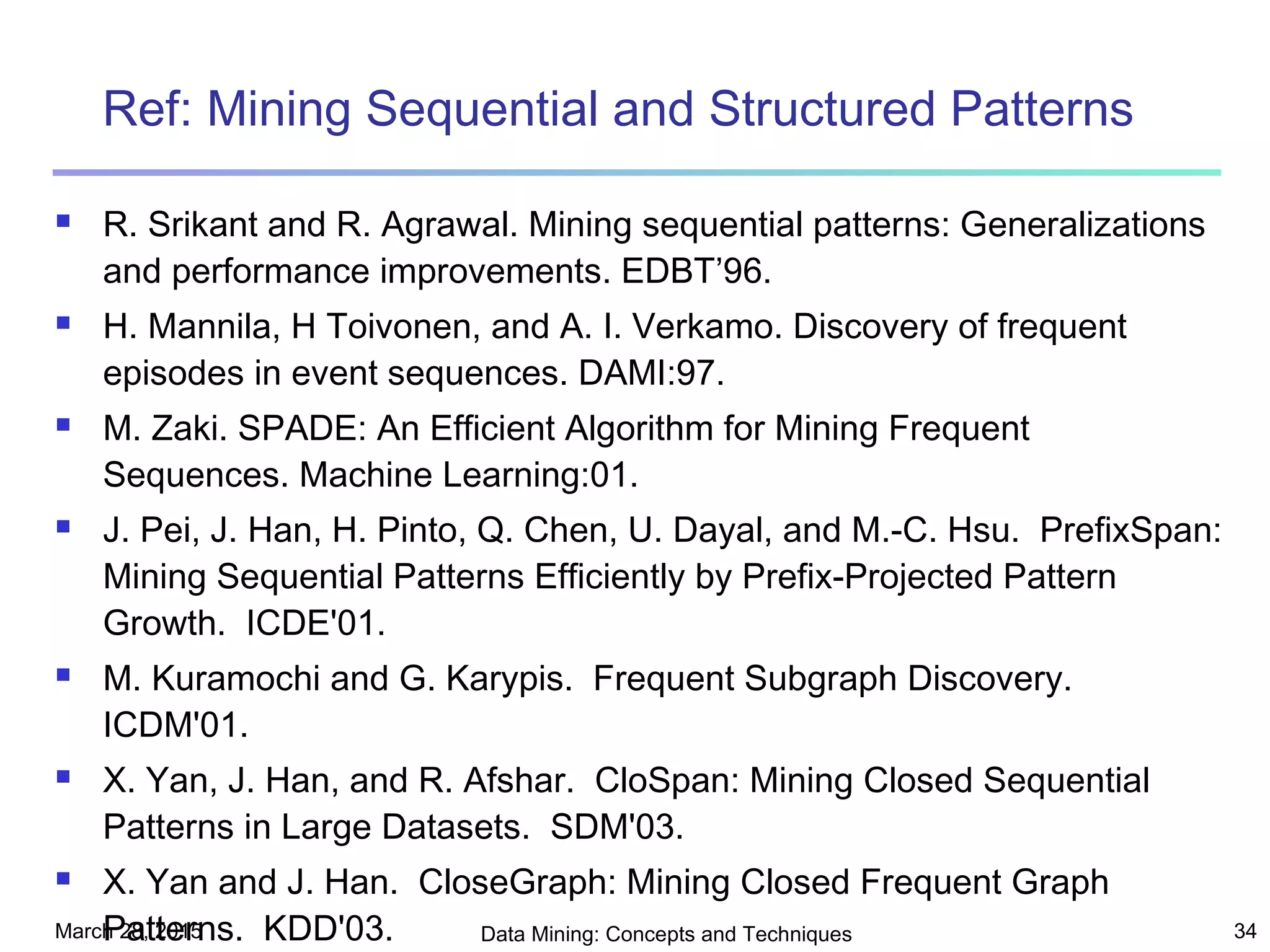 March 28, 2015 Data Mining: Concepts and Techniques 34
Ref: Mining Sequential and Structured Patterns
 R. Srikant and R. Agrawal. Mining sequential patterns: Generalizations
and performance improvements. EDBT’96.
 H. Mannila, H Toivonen, and A. I. Verkamo. Discovery of frequent
episodes in event sequences. DAMI:97.
 M. Zaki. SPADE: An Efficient Algorithm for Mining Frequent
Sequences. Machine Learning:01.
 J. Pei, J. Han, H. Pinto, Q. Chen, U. Dayal, and M.-C. Hsu. PrefixSpan:
Mining Sequential Patterns Efficiently by Prefix-Projected Pattern
Growth. ICDE'01.
 M. Kuramochi and G. Karypis. Frequent Subgraph Discovery.
ICDM'01.
 X. Yan, J. Han, and R. Afshar. CloSpan: Mining Closed Sequential
Patterns in Large Datasets. SDM'03.
 X. Yan and J. Han. CloseGraph: Mining Closed Frequent Graph
Patterns. KDD'03.
 
