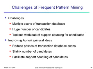 March 28, 2015 Data Mining: Concepts and Techniques 14
Challenges of Frequent Pattern Mining
 Challenges
 Multiple scans of transaction database
 Huge number of candidates
 Tedious workload of support counting for candidates
 Improving Apriori: general ideas
 Reduce passes of transaction database scans
 Shrink number of candidates
 Facilitate support counting of candidates
 