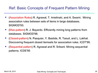 March 28, 2015 Data Mining: Concepts and Techniques 26
Ref: Basic Concepts of Frequent Pattern Mining
 (Association Rules) R. Agrawal, T. Imielinski, and A. Swami. Mining
association rules between sets of items in large databases.
SIGMOD'93.
 (Max-pattern) R. J. Bayardo. Efficiently mining long patterns from
databases. SIGMOD'98.
 (Closed-pattern) N. Pasquier, Y. Bastide, R. Taouil, and L. Lakhal.
Discovering frequent closed itemsets for association rules. ICDT'99.
 (Sequential pattern) R. Agrawal and R. Srikant. Mining sequential
patterns. ICDE'95
 