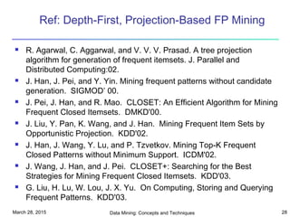 March 28, 2015 Data Mining: Concepts and Techniques 28
Ref: Depth-First, Projection-Based FP Mining
 R. Agarwal, C. Aggarwal, and V. V. V. Prasad. A tree projection
algorithm for generation of frequent itemsets. J. Parallel and
Distributed Computing:02.
 J. Han, J. Pei, and Y. Yin. Mining frequent patterns without candidate
generation. SIGMOD’ 00.
 J. Pei, J. Han, and R. Mao. CLOSET: An Efficient Algorithm for Mining
Frequent Closed Itemsets. DMKD'00.
 J. Liu, Y. Pan, K. Wang, and J. Han. Mining Frequent Item Sets by
Opportunistic Projection. KDD'02.
 J. Han, J. Wang, Y. Lu, and P. Tzvetkov. Mining Top-K Frequent
Closed Patterns without Minimum Support. ICDM'02.
 J. Wang, J. Han, and J. Pei. CLOSET+: Searching for the Best
Strategies for Mining Frequent Closed Itemsets. KDD'03.
 G. Liu, H. Lu, W. Lou, J. X. Yu. On Computing, Storing and Querying
Frequent Patterns. KDD'03.
 