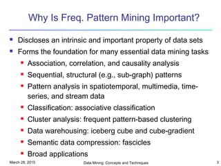 March 28, 2015 Data Mining: Concepts and Techniques 3
Why Is Freq. Pattern Mining Important?
 Discloses an intrinsic and important property of data sets
 Forms the foundation for many essential data mining tasks
 Association, correlation, and causality analysis
 Sequential, structural (e.g., sub-graph) patterns
 Pattern analysis in spatiotemporal, multimedia, time-
series, and stream data
 Classification: associative classification
 Cluster analysis: frequent pattern-based clustering
 Data warehousing: iceberg cube and cube-gradient
 Semantic data compression: fascicles
 Broad applications
 