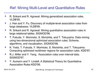 March 28, 2015 Data Mining: Concepts and Techniques 30
Ref: Mining Multi-Level and Quantitative Rules
 R. Srikant and R. Agrawal. Mining generalized association rules.
VLDB'95.
 J. Han and Y. Fu. Discovery of multiple-level association rules from
large databases. VLDB'95.
 R. Srikant and R. Agrawal. Mining quantitative association rules in
large relational tables. SIGMOD'96.
 T. Fukuda, Y. Morimoto, S. Morishita, and T. Tokuyama. Data mining
using two-dimensional optimized association rules: Scheme,
algorithms, and visualization. SIGMOD'96.
 K. Yoda, T. Fukuda, Y. Morimoto, S. Morishita, and T. Tokuyama.
Computing optimized rectilinear regions for association rules. KDD'97.
 R.J. Miller and Y. Yang. Association rules over interval data.
SIGMOD'97.
 Y. Aumann and Y. Lindell. A Statistical Theory for Quantitative
Association Rules KDD'99.
 