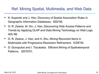 March 28, 2015 Data Mining: Concepts and Techniques 35
Ref: Mining Spatial, Multimedia, and Web Data
 K. Koperski and J. Han, Discovery of Spatial Association Rules in
Geographic Information Databases, SSD’95.
 O. R. Zaiane, M. Xin, J. Han, Discovering Web Access Patterns and
Trends by Applying OLAP and Data Mining Technology on Web Logs.
ADL'98.
 O. R. Zaiane, J. Han, and H. Zhu, Mining Recurrent Items in
Multimedia with Progressive Resolution Refinement. ICDE'00.
 D. Gunopulos and I. Tsoukatos. Efficient Mining of Spatiotemporal
Patterns. SSTD'01.
 
