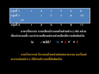 กลุ่มที่ 1 1 3 7 2 5 9
กลุ่มที่ 2 1 2 4 8 16
32
กลุ่มที่ 3 1 3 5 7 9 11
ภาษาเป็ นระบบ ระบบเสียงประกอบด้วยส่วนต่างๆ เช่น หน่วย
เสียงจานวนหนึ่ง และจานวนเสียงแต่ละหน่วยเสียงมีความสัมพันธ์กัน
วัด / wàt/ w + a +` + t
ระบบไวยากรณ์ ประกอบด้วยหน่วยย่อยหลายระบบ และในแต่
ละระบบย่อยต่างๆ ก็มีส่วนประกอบที่สัมพันธ์กัน
 