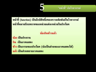 “หน้าที่” กับไวยากรณ์
หน้าที่ (function) เป็ นอีกมิติหนึ่งของความสัมพันธ์ในไวยากรณ์
หน้าที่หมายถึงบทบาทของหน่วยแต่ละหน่วยในประโยค
น้องกินข้าวแล้ว
น้อง เป็ นประธาน
กิน เป็ นภาคแสดง
ข้าว เป็ นกรรมของประโยค (นับเป็ นส่วนของภาคแสดงได้)
แล้ว เป็ นส่วนขยายภาคแสดง
 