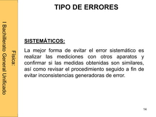 Administraciónderedes
14
SISTEMÁTICOS:
La mejor forma de evitar el error sistemático es
realizar las mediciones con otros aparatos y
confirmar si las medidas obtenidas son similares,
así como revisar el procedimiento seguido a fin de
evitar inconsistencias generadoras de error.
Física:
IBachilleratoGeneralUnificado
TIPO DE ERRORES
 