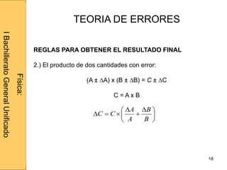 Administraciónderedes
18
TEORIA DE ERRORES
REGLAS PARA OBTENER EL RESULTADO FINAL
2.) El producto de dos cantidades con error:
(A ± ∆A) x (B ± ∆B) = C ± ∆C
C = A x B





 



B
B
A
A
CC
Física:
IBachilleratoGeneralUnificado
 