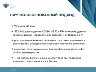 Технология оценки Success Insights® DISC
TTISuccessInsights.ru
Москва, 2013
Copyright 2015 TTI Success Insights
НАУЧНО-ОБОСНОВАННЫЙ ПОДХОД
•90 стран, 41 язык
•322.446 респондентов в США, 4853 в РФ, внимание уделено
качеству данных («проверить как работает», отобраны по IP)
•рассмотрены искажения, связанные с частым применением к
респондентам определенной индустрии или уровня должности
•взрослые, работающие люди без преобладания каких-либо
особых характеристик
•1 год работы Билла и Дейва Бонстеттеров при поддержке
команды со всего мира, в т.ч. в России
5
 
