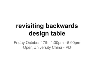 revisiting backwards
design table
Friday October 17th, 1:30pm - 5:00pm
Open University China - PD
 