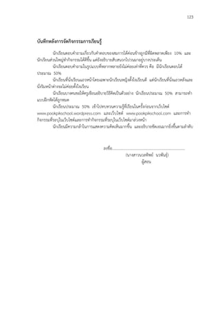 123
บันทึกหลังการจัดกิจกรรมการเรียนรู้
นักเรียนตอบคาถามเกี่ยวกับคาตอบของสมการได้ค่อนข้างถูกมีที่ผิดพลาดเพียง 10% และ
นักเรียนส่วนใหญ่ทากิจกรรมได้ดีขึ้น แต่ยังอธิบายสับสนวกไปวนมาอยู่บางประเด็น
นักเรียนตอบคาถามในรูปแบบที่หลากหลายยังไม่ค่อยเท่าที่ควร คือ มีนักเรียนตอบได้
ประมาณ 50%
นักเรียนที่นั่งเรียนแถวหน้าโดยเฉพาะนักเรียนหญิงตั้งใจเรียนดี แต่นักเรียนที่นั่งแถวหลังและ
นั่งริมหน้าต่างจะไม่ค่อยตั้งใจเรียน
นักเรียนบางคนขอให้ครูเขียนอธิบายวิธีคิดเป็นตัวอย่าง นักเรียนประมาณ 50% สามารถทา
แบบฝึกหัดได้ถูกหมด
นักเรียนประมาณ 50% เข้าไปทบทวนความรู้ที่เรียนในครั้งก่อนจากเว็บไซต์
www.pookpikschool.wordpress.com และเว็บไซต์ www.pookpikschool.com และการทา
กิจกรรมที่ระบุในเว็บไซต์และการทากิจกรรมที่ระบุในเว็บไซต์มาล่วงหน้า
นักเรียนมีความกล้าในการแสดงความคิดเห็นมากขึ้น และอธิบายชัดเจนมากยิ่งขึ้นตามลาดับ
ลงชื่อ............................................................................
(นางสาวนวลทิพย์ นวพันธุ์)
ผู้สอน
 
